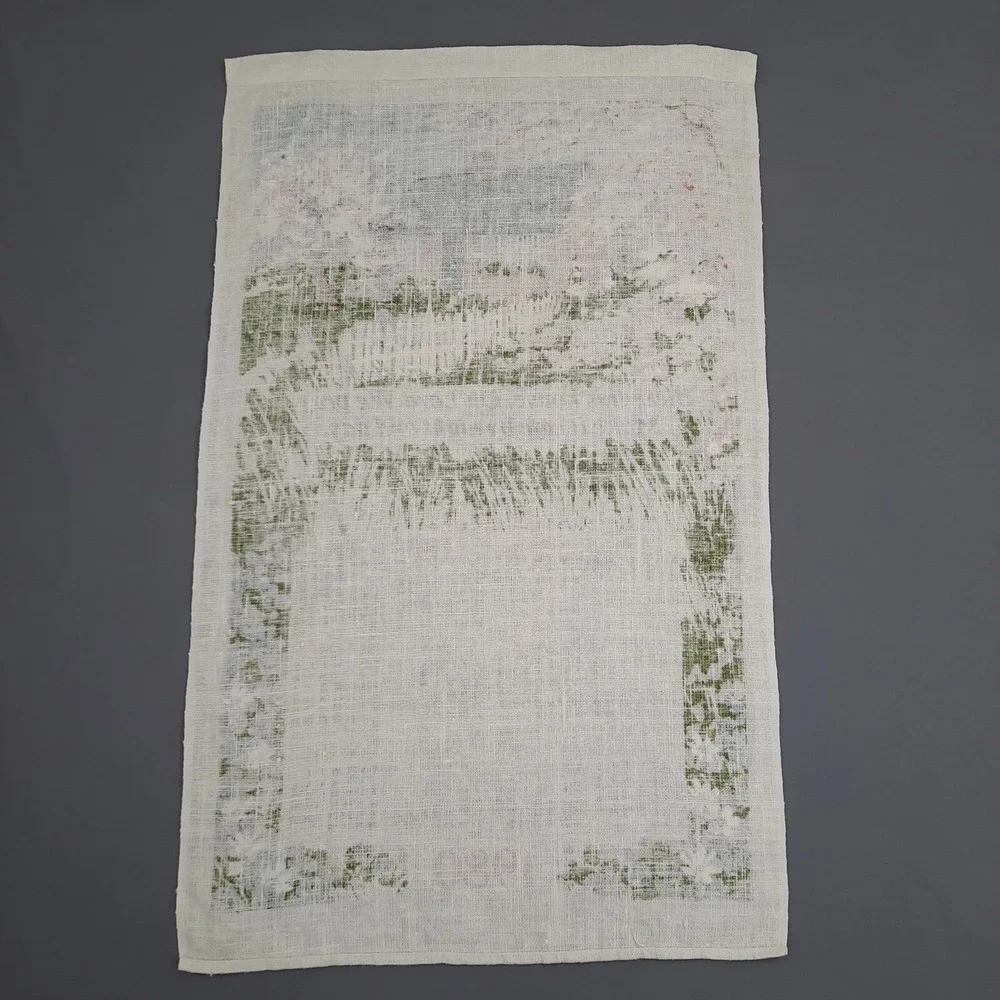 Vintage Linen Calendar Kitchen Towel Bless This House Cottage Floral Trees 1980